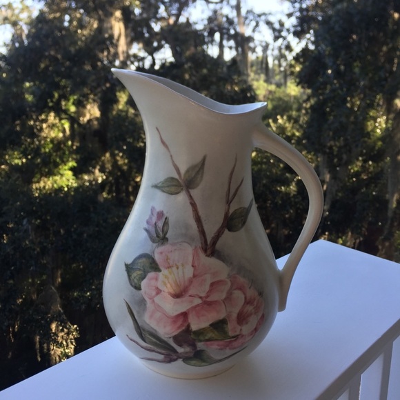 Ceramic Vase Vintage Decor Pink Floral Pitcher - Picture 2 of 5
